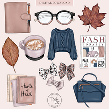 Load image into Gallery viewer, fall clipart bundle with fashion accessories and books in a navy and pink color palette
