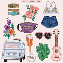 Load image into Gallery viewer, cute boho music festival clipart elements bundle