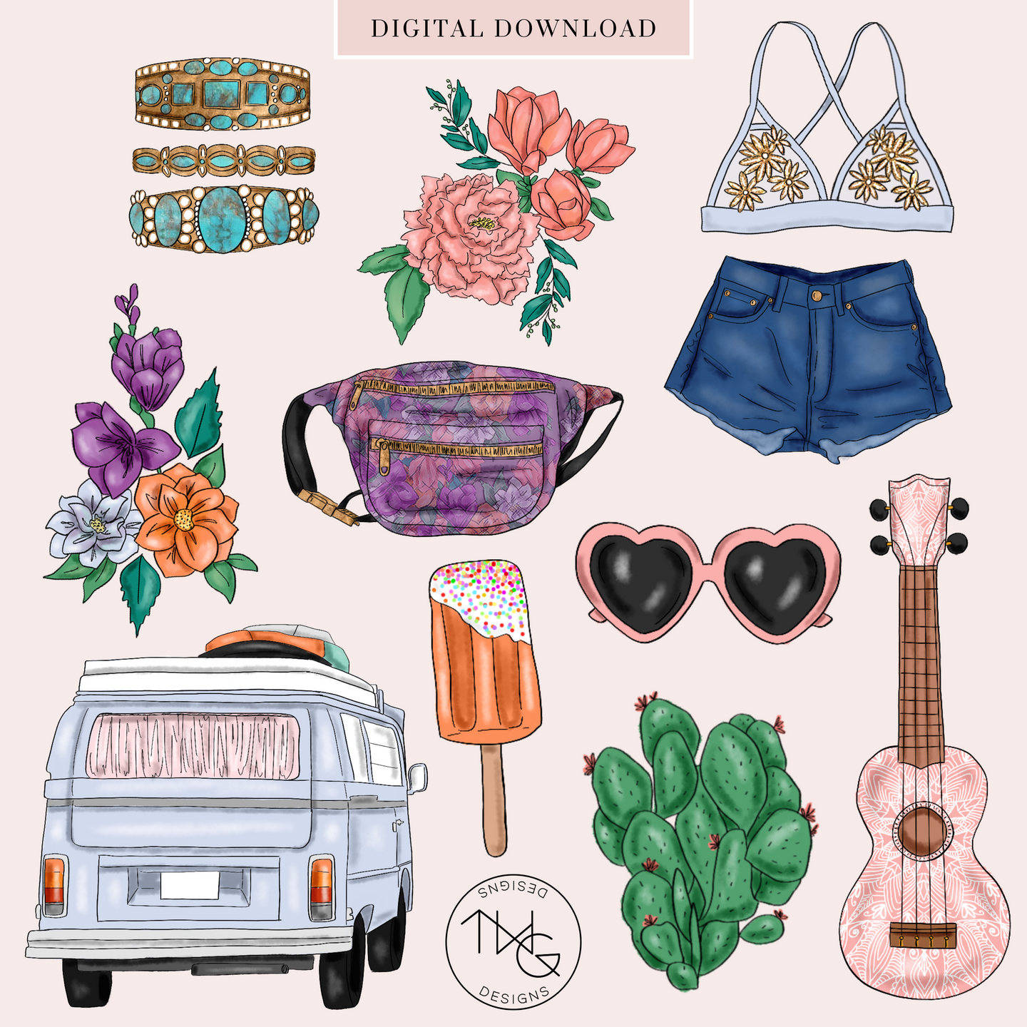 cute boho music festival clipart elements bundle