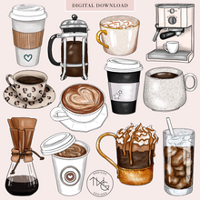 Load image into Gallery viewer, hand illustrated digital art coffee clipart elements as png files for instant download