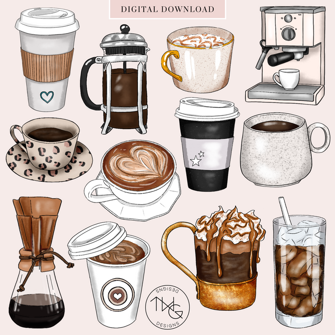 hand illustrated digital art coffee clipart elements as png files for instant download