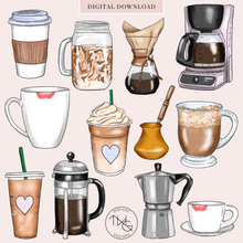 Load image into Gallery viewer, coffee clipart bundle with latte iced coffee espresso and more as digital artwork graphics on pink background