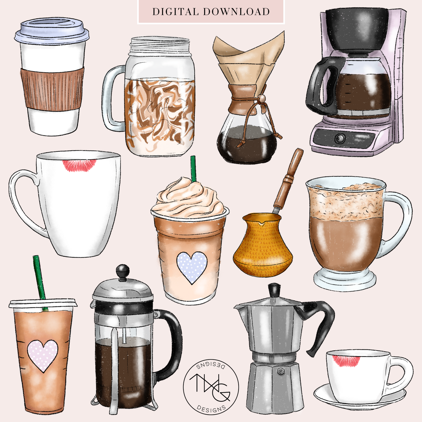coffee clipart bundle with latte iced coffee espresso and more as digital artwork graphics on pink background