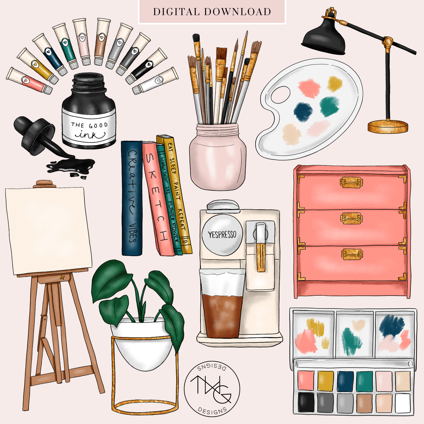 Office Supplies Watercolor Clipart Set, Cute Office Work