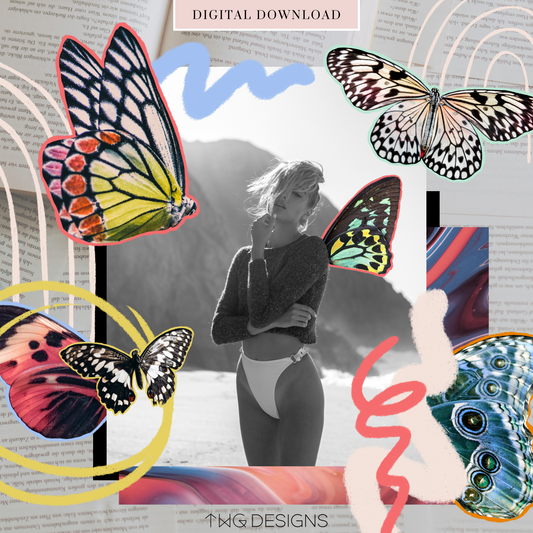 butterfly clipart and colorful doodles for creative aesthetic collage edits as a digital download bundle with PNG files