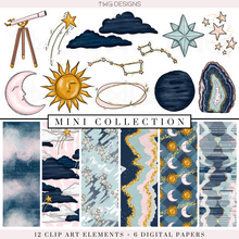 Load image into Gallery viewer, constellations galaxy and stars clipart collection with matching digital papers digital download