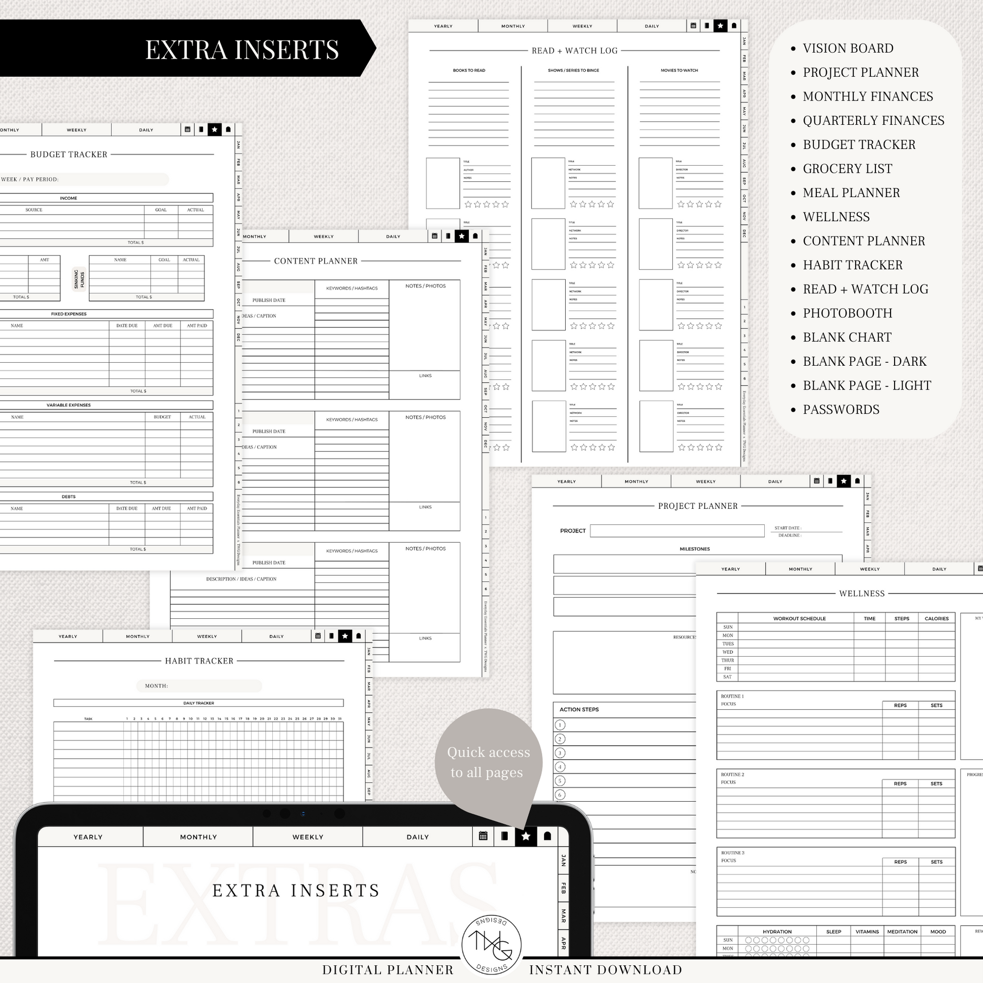 Multiple planner templates shown including meal plans, habit trackers, finances, and photo album.