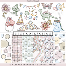 Load image into Gallery viewer, dinosaur and birthday party clipart elements and digital paper bundle