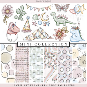 dinosaur and birthday party clipart elements and digital paper bundle