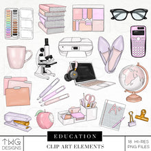 Load image into Gallery viewer, book clipart and school supplies stationery elements bundle