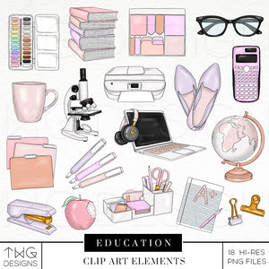 book clipart and school supplies stationery elements bundle