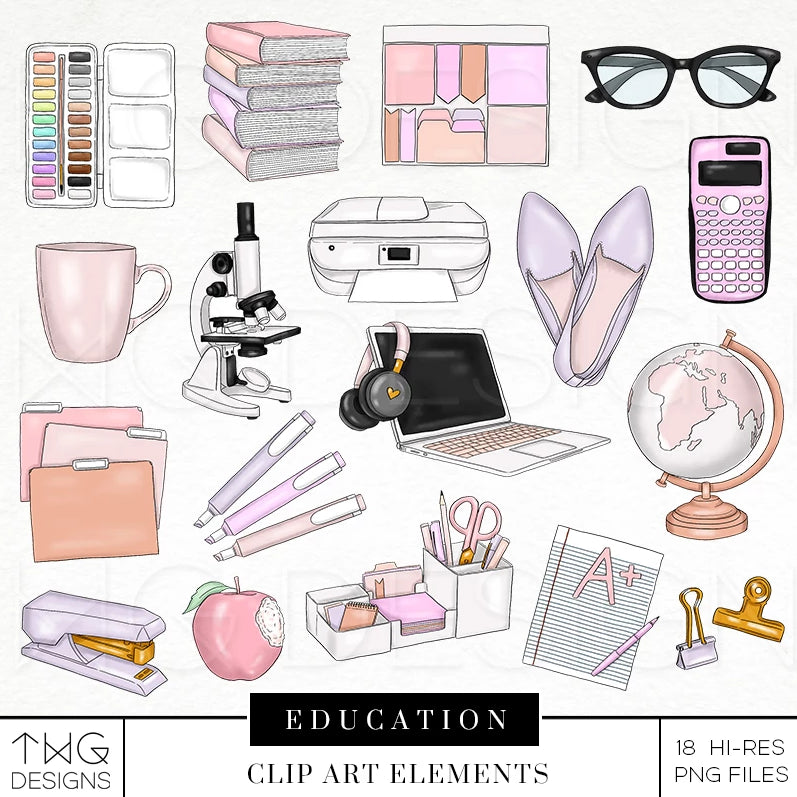 book clipart and school supplies stationery elements bundle