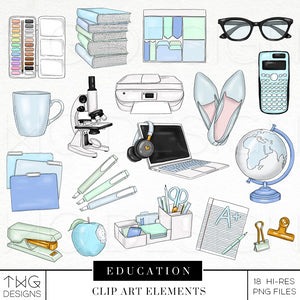 blue and green school supplies clipart bundle