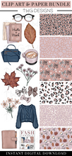 Load image into Gallery viewer, navy blue and pink fashion clipart graphics bundle with digital papers and leopard print patterns