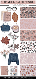 navy blue and pink fashion clipart graphics bundle with digital papers and leopard print patterns