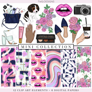 pink and blue fashion blogger clipart bundle icons