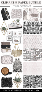 neutral chic home decor office clipart and digital paper bundle download