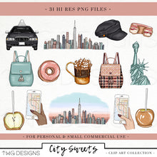 Load image into Gallery viewer, city skyline clipart bundle with fashion accessories and coffee illustrations bundle png files