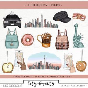 city skyline clipart bundle with fashion accessories and coffee illustrations bundle png files