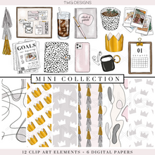 Load image into Gallery viewer, pink and grey home office planning clipart elements and digital paper graphics bundle
