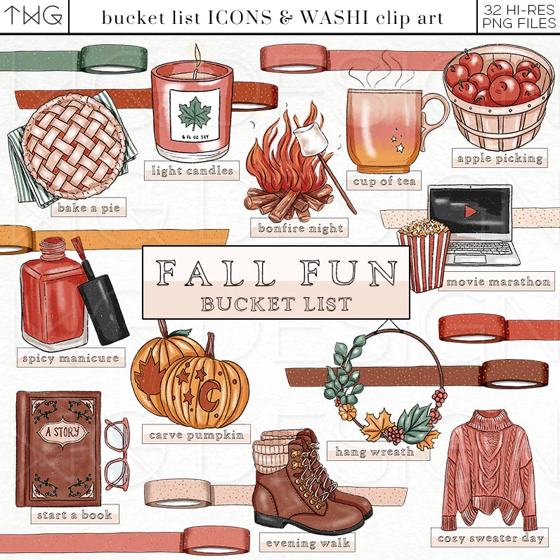 fall fashion clipart and washi tape png clipart elements bundle digital download