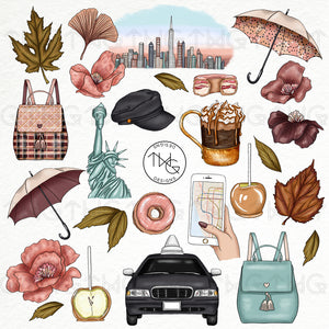 umbrella and car clipart bundle nyc big apple digital artwork collection