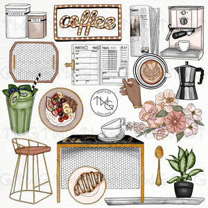 modern coffee shop clipart digital graphics bundle
